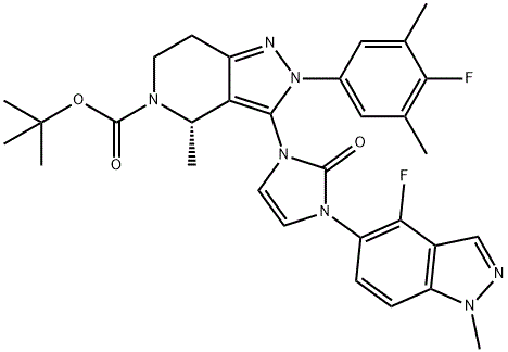 CAS # 2212022-55-2|Tert-butil (4s) -3- (3- (4-fluoro-1-metil-1h-indazol-5-yl) -2-okso-2,3-dihydro-1h-imidazol-1-yl) -2- (4- Fluoro-3,5-dimetilfenil) -4-metil-2h, 4h, 5h, 6h, 7h-pirazolo [4,3-c] piridinski-5-karboksilat